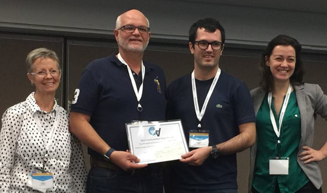 J. Eduardo Pérez receiving the award to the Best Communication Paper at the Web for All conference, from Ted Drake from Intuit, and the programme chairs: Vivienne Conway and Luz Rello.